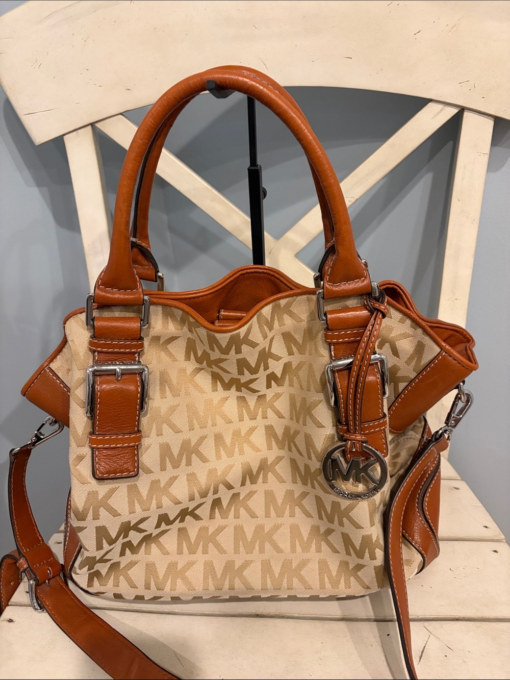 Michael Kors Beige MK Signature Satchel with Brown Trim